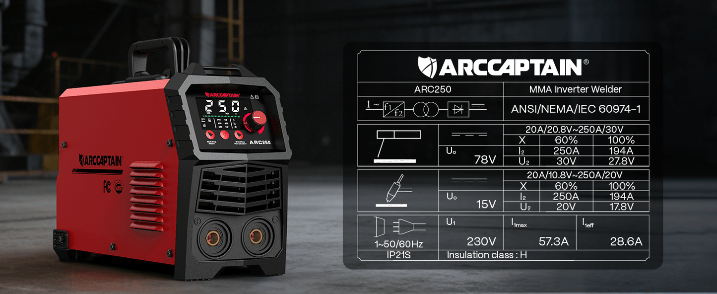 Arccaptain ARC250 250A 230V Professional Stick Welder